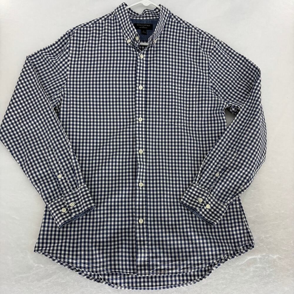 Banana Republic Navy Gingham Check Slim Fit Button Down Shirt Men's L